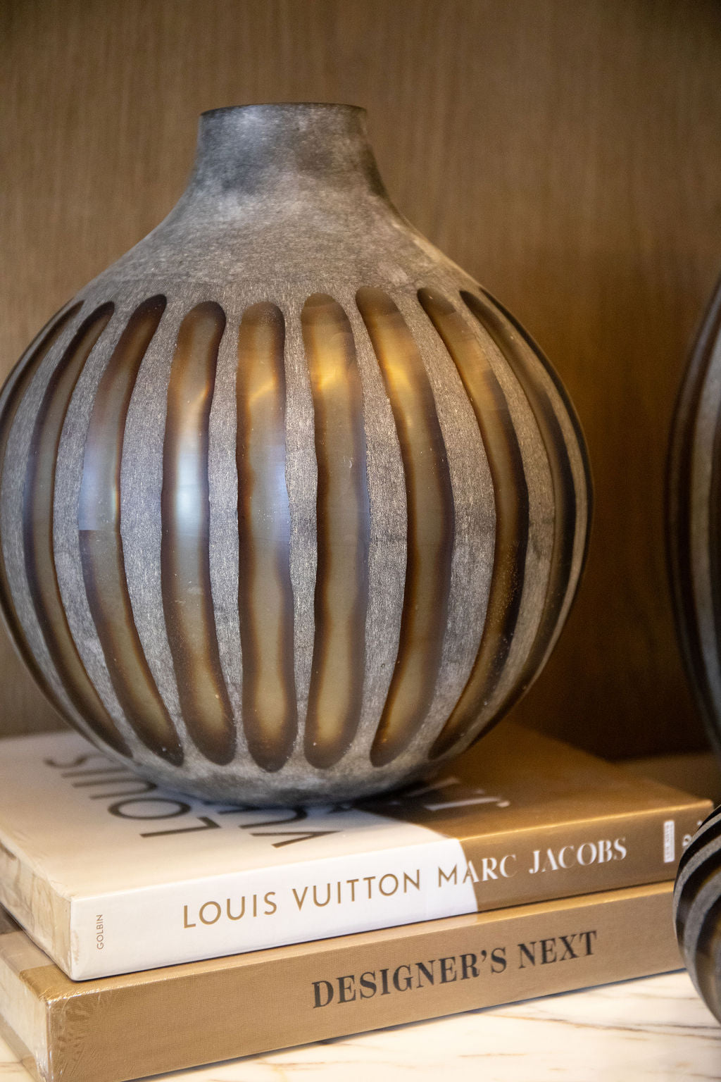 Jarron Vidrio Ambar Lineas